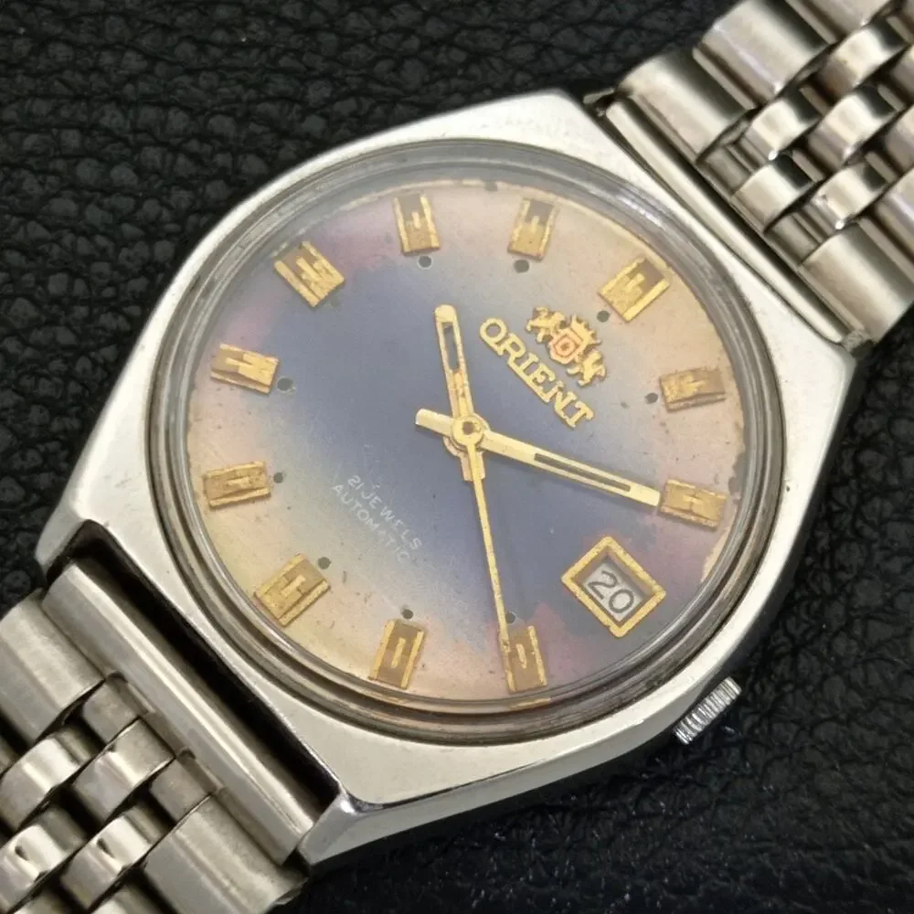Vintage 1982 Orient Automatic Mens Silver Watch W/daydate & Blue accents